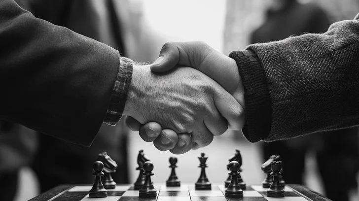 Imagen de dos jugadores de ajedrez dandose la mano