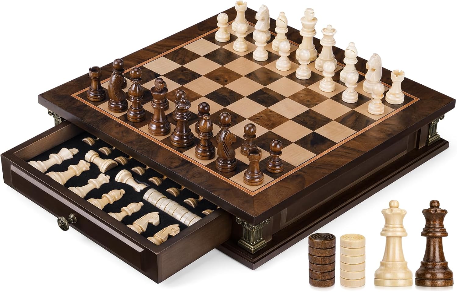 Peradix Juego de tablero de ajedrez magnético con 2 cajones de almacenamiento integrados, juegos clásicos de madera 2 en 1 de 12.6 pulgadas con 2 reinas adicionales para niños y adultos, juego de