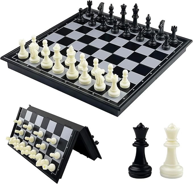 Fousenuk Ajedrez Magnetico Plegable, Tablero de Viaje Portatil de Rompecabezas, Piezas Ajedrez, Chess Niños, Juego Infantil y Adultos (Negro, Blanco) 25 x 25 cm